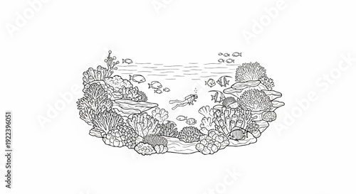 Underwater scene with coral, fish, and a diver exploring