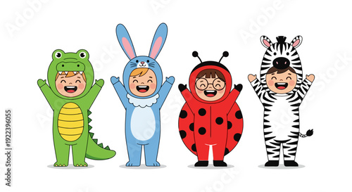 Four Happy Children in Cute Animal Costumes.