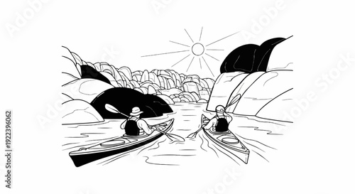 Two kayakers paddle through a rocky river gorge under a bright sun