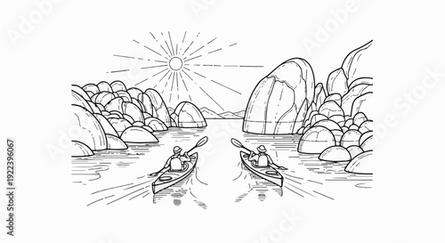 Two kayakers paddle through a sunlit rocky waterway