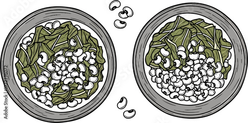 Two bowls of green leafy vegetables and white beans sit side by side