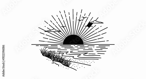 Stylized sunrise over water with clouds, birds, and grassy shoreline