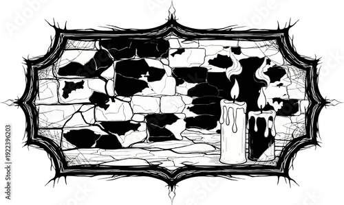 Two lit candles illuminate a cracked stone wall within an ornate, gothic frame