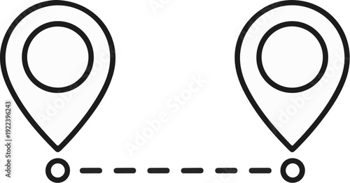 Two location pin icons connected by a dashed line, illustrating a journey