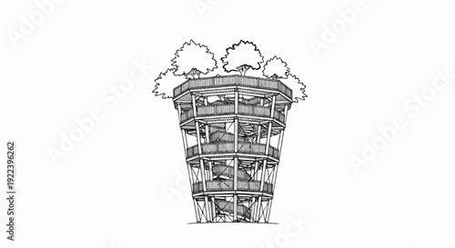 Towering wooden structure with multiple levels and spiral staircases surrounded by trees