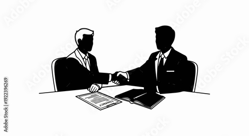 Two businessmen shaking hands over a contract on a table