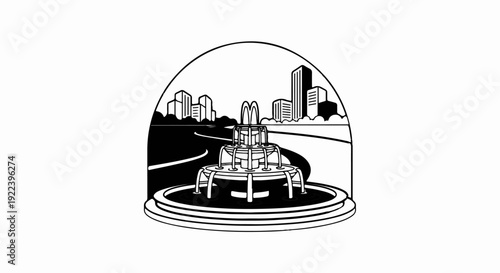 Urban fountain with cityscape and curved path under an arch