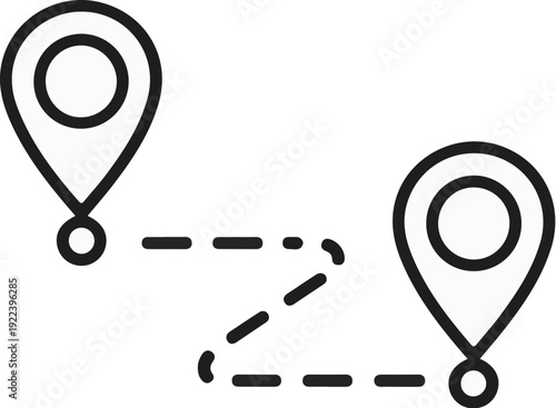 Two map pins connected by a dashed route line