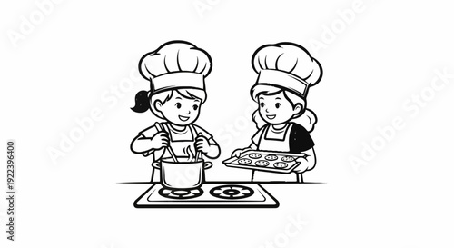 Two children in chef hats and aprons happily cooking and baking treats together