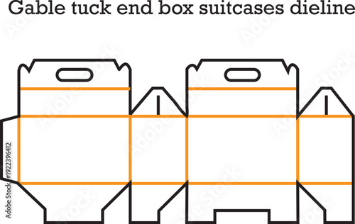 Gable tuck end box suitcase dieline vector template with handle for gift and food packaging design