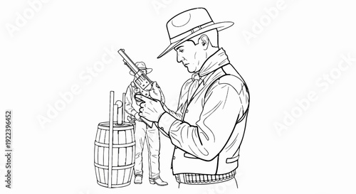 Two cowboys in hats, one with a gun, stand near a barrel