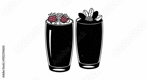 Two dark, textured smoothies topped with berries and seeds