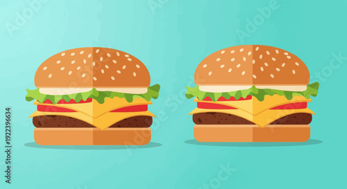 Two delicious, layered cheeseburgers stand side-by-side on a teal background