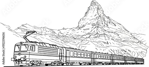 Train and majestic mountain peak in a black and white line drawing