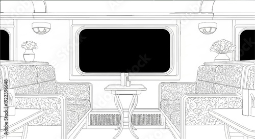 Train compartment with floral patterned seats, side tables, and a large window