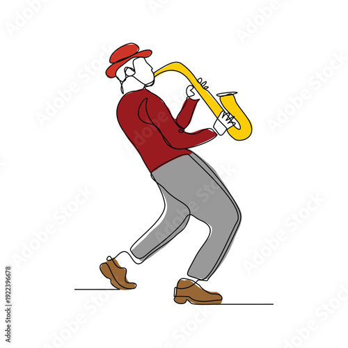 Continuous line sketch drawing of man musician classic jazz playing trumpet saxophone music instrument. One single line classic royal jazz orchestra editable stroke vector illustration