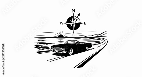 Vintage convertible on a winding road with sunset and compass