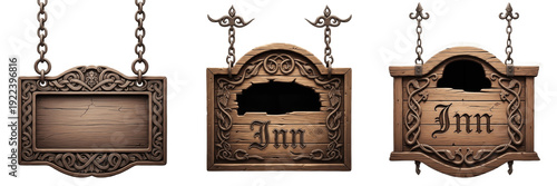 Quadro su tela Collection of Three Ornate Vintage Wooden Hanging Signs with Medieval Style and