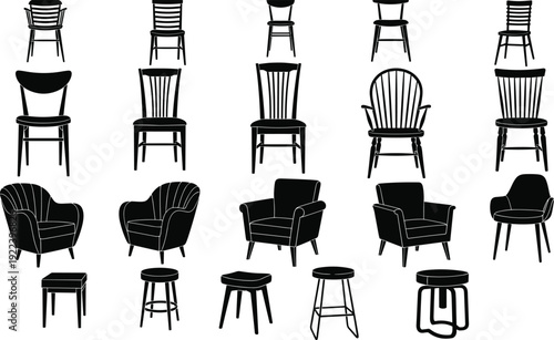 Chair silhouettes collection, modern and classic furniture seats isolated on white background black vector illustration set