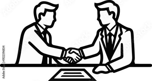 Two stylized men in suits shake hands across a table with a document