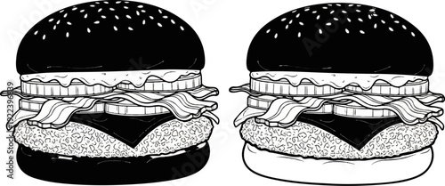 Two stylized, monochrome burgers with dark buns and layered fillings