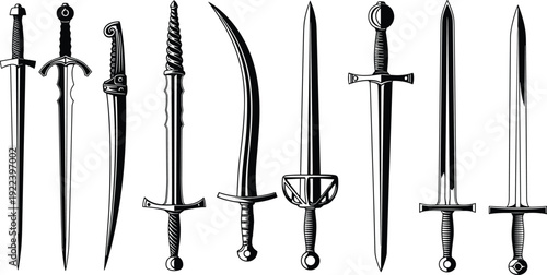 Collection of medieval swords silhouettes, vintage weapon set isolated on white background detailed black vector illustration