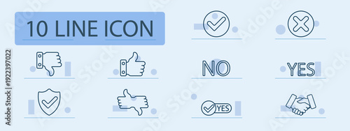 Feedback set icon. Thumbs up, thumbs down, check mark, cross mark, yes text, no text, shield approval, toggle choice, handshake agreement, customer response, rating system.