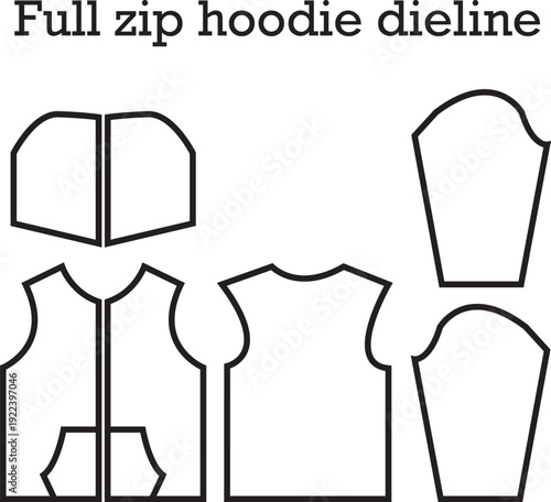 Technical oversized hoodie sewing pattern dieline with hood sleeves and body panels vector illustration