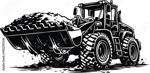 Black and White Construction Loader Tractor Vector Illustration.