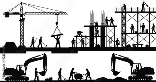 Construction site silhouette with crane excavator workers building structure, industrial development teamwork engineering concept vector illustration isolated background