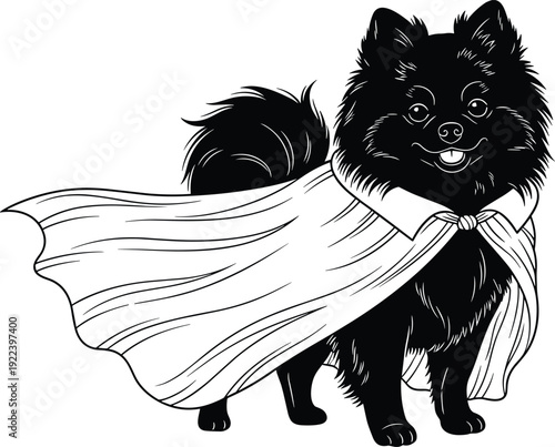 Cute Pomeranian dog superhero illustration, fluffy pet wearing cape isolated on white background cartoon style vector design