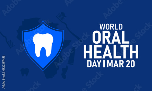 World Oral Health Day, March 20 Vector, Toothbrush Toothpaste Smile, Blue Ribbon Awareness Poster, Flat Design Dental Hygiene Mouth Care Banner Illustration Stock Graphic