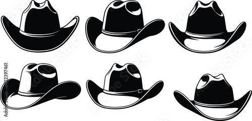 Cowboy hat silhouette collection, black and white western ranch headwear vector illustration set isolated on light background