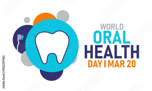 World Oral Health Day, March 20 Vector, Toothbrush Toothpaste Smile, Blue Ribbon Awareness Poster, Flat Design Dental Hygiene Mouth Care Banner Illustration Stock Graphic