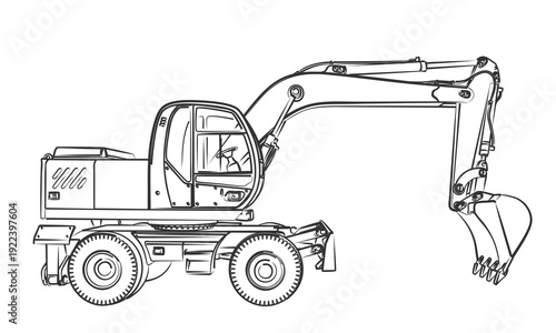 The Sketch of a big wheeled excavator.
