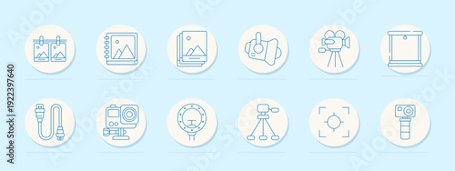Photo studio set icon. Collection with camera on tripod, umbrella light, ring light, security camera, photo device, softbox, backdrop stand, action camera, spotlight, instant photo