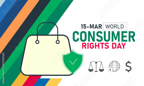 World Consumer Rights Day, March 15 Vector, Shopping Cart Scale Balance, Blue Ribbon Awareness Poster, Flat Design Consumer Protection Justice Banner Illustration Stock Graphic
