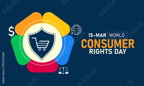 World Consumer Rights Day, March 15 Vector, Shopping Cart Scale Balance, Blue Ribbon Awareness Poster, Flat Design Consumer Protection Justice Banner Illustration Stock Graphic