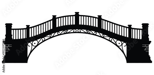 A black silhouette of an ornate bridge with a decorative arch and railings on a white background