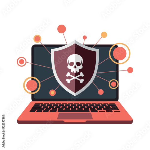 Malware Alert on Laptop Screen with Skull and Crossbones on Shield, Cyber Security Threat, Digital Danger and Isolated on White, Vector Illustration