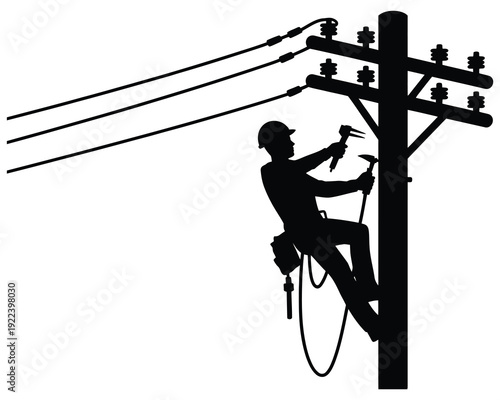 A silhouette of a lineman working on a power line against a white background