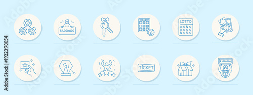 Lottery prize set icon. Line collection with numbered balls, winner holding check, keys with bow, calculator with coin, lotto ticket, cash bundle, trophy hand, podium, celebration figure, award badge.