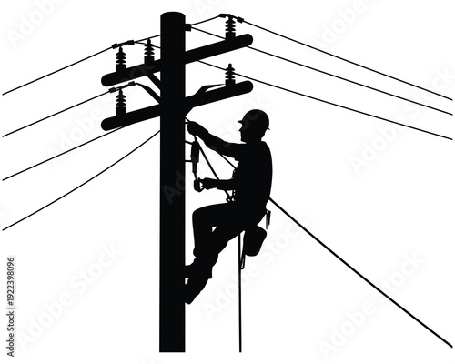 A silhouette of a lineman working on a power line against a white background