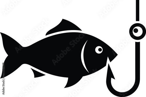 Fishing concept silhouette illustration, fish biting hook icon, black marine symbol for angling, seafood and sport fishing design