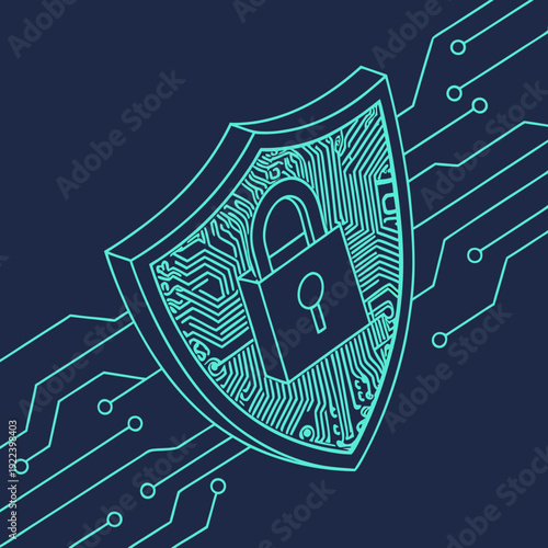 Digital security shield with lock and circuit board, cybersecurity concept