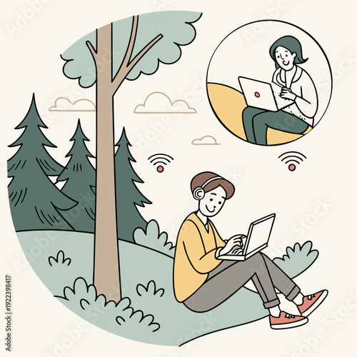Man working remotely outdoors on laptop near trees and woman online
