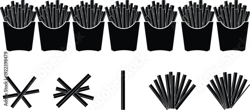 French fries silhouette collection, fast food potato fries in carton box isolated on white background, black vector illustration set