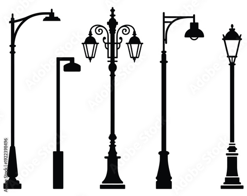 vector designA set of five different street lamps in a minimalist black silhouette style on a white background 01 (19).eps