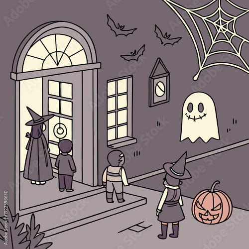 Children in Costumes Trick-or-Treating at Spooky House