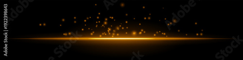 Bright glowing horizon particles composition. Bright horizontal light line, scattered spark dots above, radiant center, dark gradient backdrop, fiery atmosphere, floating embers, luminous glow texture